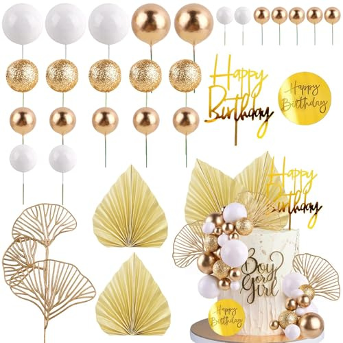 30 Stück Boho Tortendeko Dekoration Mädchen, Tortendeko Kugeln Gold Weiße Cake Topper, Cake Topper Gold Palmblätter Böhmische Weißgoldkugel, Kuchen Kugeln Dekoration Boho Partyzubehör