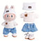 Generisch Puppenkleider-Set für 17cm Labubu Puppen, 3-teilig mit Fischerhut, Pullover und Hose oder Rock, (Style 4 Three Piece Set)