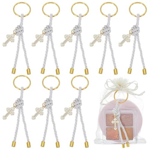 FINGERINSPIRE 10 Stück Schlüsselanhänger Aus Polyesterkordel Kreuz Schlüsselanhänger Handgefertigt Mit Anhänger Aus Emaille Legierung Und Eisenringen Personalisierte Gastgeschenke Zur Erstkommunion