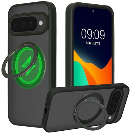 kalibri Schutzhülle mit Standringhalter kompatibel mit Google Pixel 10 / Pixel 10 Pro Hülle - Kickstand 360° Ring Hardcase kompatibel mit MagSafe - Moosgrün Matt Transparent
