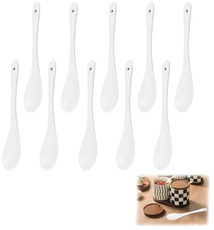 Uppsättning av 10 äggskedar i porslin, vita, mångsidiga teskedar för kaffe, dessert och dips, 12 cm, högkvalitativa keramikskedar, elegant och praktisk design, perfekt för dagligt bruk