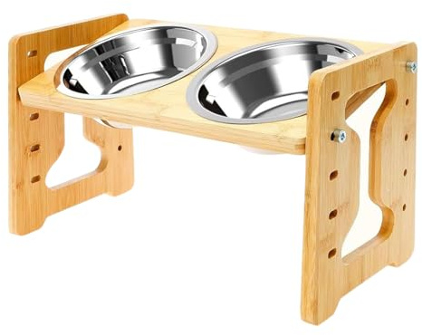 Patifirst Bols Elevados para Perros,Doble con Soporte Alto | Dispensador Lento Doble de Acero Inoxidable con Soporte de Madera Ajustable para Comida y Agua