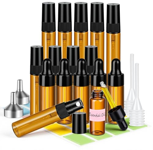 MELLIEX 16 Pieces Mini Amber Spray Bottle Set,Protable Glass Dropper Bottle with Pipette Funnel Label Refillable for Essential Oil Laboratory Aromatherapy Blends,5/10ml