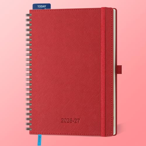 IN-LUXPRO Kalender 2026 2027, Wochenplaner Horizontal mit Spiralbindung | 18 Monate Terminplaner (Jul 2026 bis Dezember 2027) in A5 21,9x16,2CM, weicher PU-Hülle, Wochenplanung, Rot