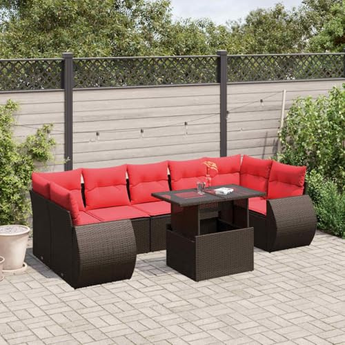 Yunovire 8-teiliges Gartensofa-Set, braunes Polyrattan, Verstellbarer Tisch, UV-beständig, modulare Outdoor-Sitzgruppe mit Kissen für Terrasse, Balkon