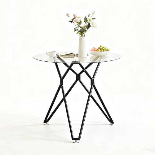 VSOGA Mesa de comedor redonda de cristal templado de 90 cm, mesa de cocina para 1-4 personas, patas de metal resistente, color negro