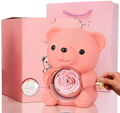 yayafunfun Pink Romantic Teddy Bear with Preserved Rose Heart, Hidden Jewelry Box, Eternal Pink Rose Teddy Bear Gift for Women Girl Valentines Day, Mother's Day, Birthday,Wedding, Bridal Shower