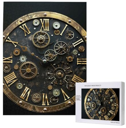 Gears Clock Bronze Century Printed Jigsaw Puzzle with Storage Box, Wooden Puzzle for Adults and Kids, 500 Pieces Family Fun Decorative Game, 38x52CM