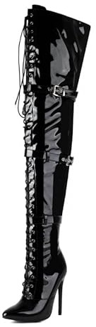 Veelau Meieer Stivali sopra il ginocchio da donna in pizzo con punta chiusa a spillo tacchi alti in pelle laccata stivali stringati con fibbie, Pintura Nero, 43 EU