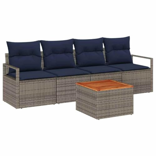 vidaXL Gartensofa-Set mit Kissen 5 pcs Grau Poly-Rattan, Akazienholz Lounge-Set, modulares Gartensofa, wetterfestes Möbel, stylische Sitzgelegenheit, UV-beständig