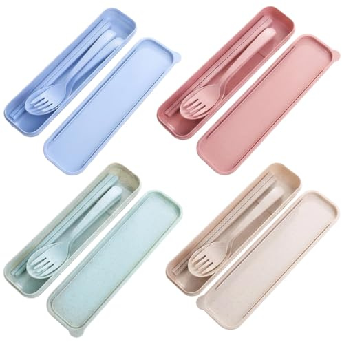 4 Pcs Travel Cutlery Sets, Portable Cutlery Set for Camping and Picnic, Reusable Plastic Cutlery Set with Case, Various Color Options with Spoon Fork and Chopsticks for Lunch Box and Outdoor Meals