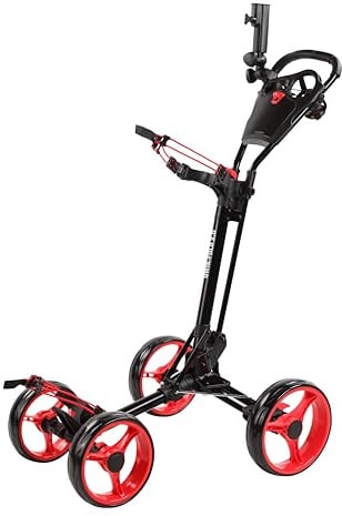 Qwik-Fold 4 Rad Zusammenklappbar Push Pull Golf Cart – Fußbremse – Eine Sekunde zu öffnen & zu schließen, Schwarz/Red