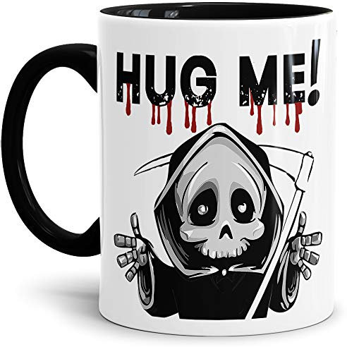 Tassendruck Halloween-Tasse mit Spruch Hug me - der Tod/Sensenmann/Skullhead - Innen & Henkel Schwarz