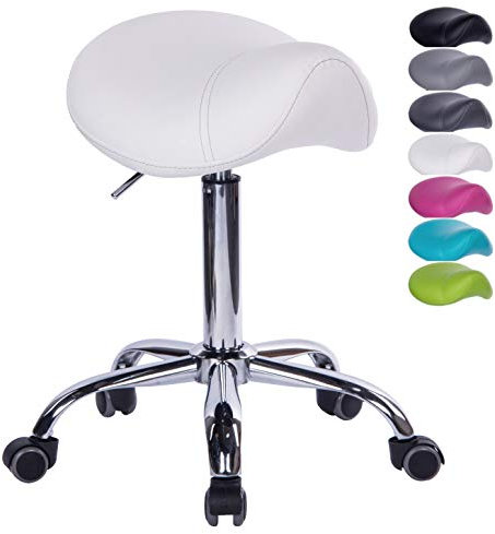 1stuff® Sattelhocker Sattelstuhl MULY - Sitzhöhe bis ca. 74cm - ergonomischer Rollhocker Bürohocker Arzthocker Arbeitshocker Praxishocker Drehhocker (Lederimitat weiß)