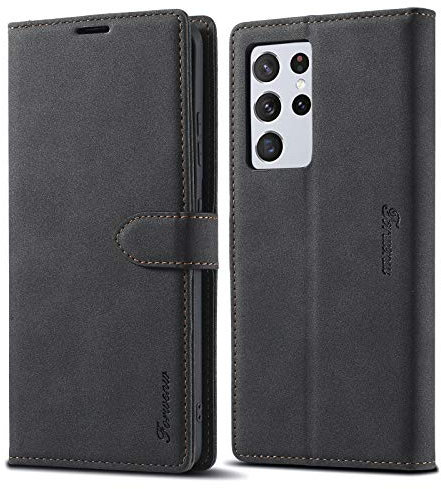 LOLFZ Wallet Case for Samsung Galaxy S21 Ultra 5G, Vintage Leather Case Card Holder Kickstand Magnetic Closure Flip Case Cover for Samsung S21 Ultra - Black