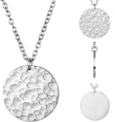 BONNYBIRD® Platten Kette Silber Damen Edelstahl Halskette mit Platte Coin Plättchen Anhänger Gehämmert Boho Runde Silberkette Schmuck Wasserfest Frauen Bohemian Layering