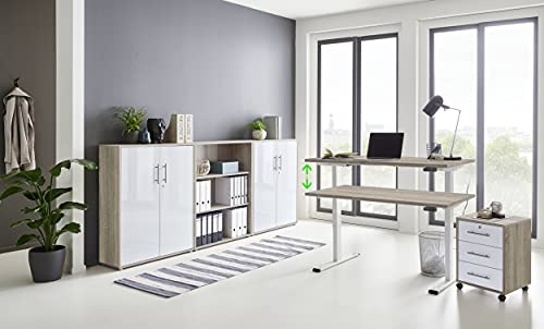 Büromöbel komplett Set mit elektrisch höhenverstellbaren Schreibtisch Arbeitszimmer e-Dition in Eiche Sonoma/Weiß Matt Gestell Weiß (Set 9)