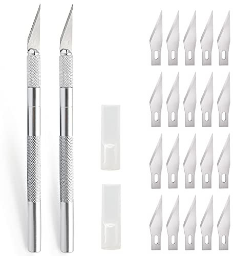 EHDIS 2 pièces Scalpel avec 20 lames, Cutter de précisioncouteau artisanal, couteau cutter, scalpel pedicure, scalpel chirurgical, couteau à découper, cutter pour sculpture, film de fenêtre, Argent