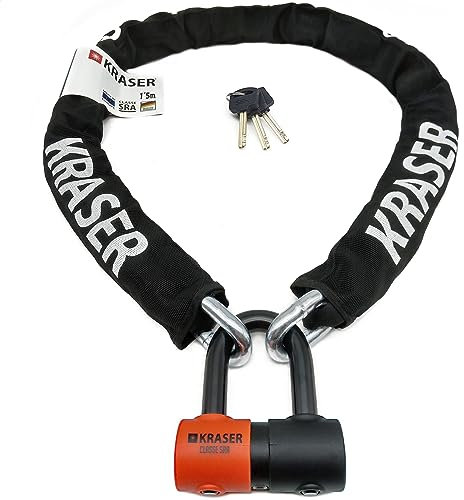 KRASER KR50150 Catena Moto Antifurto Blocco Disco Omologato SRA Set Mini U Solid Ø18, Incatenato 150 cm Ø13.5 Anelli, Multifunzione Alta Sicurezza Motociclo Motorino