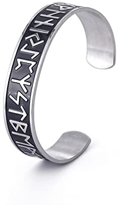 Dreamtimes Viking Runes Manschettenarmbänder 24 nordische Runen Viking Edelstahl Vintage Symbol nordischen Schmuck Armband Manschettenarmreif irischer Schmuck für Herren Damen (Vintage-Silber)