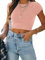 REORIA Damen einfarbiges T-Shirts kurzärmelig hochgeschlossen doppelt gefüttert eng anliegend Crop Tops Rosa S
