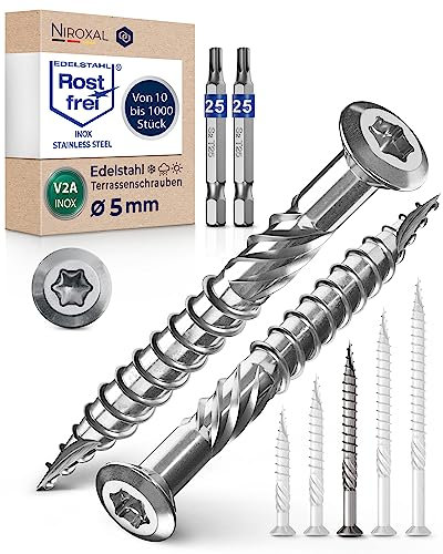 Viti a testa bombata per terrazze, 5 x 60, in acciaio inox A2, viti a testa bombata Torx, 5 mm, 500 pezzi, viti per legno Torx, lunghezza 60 mm, con 2 punte Torx