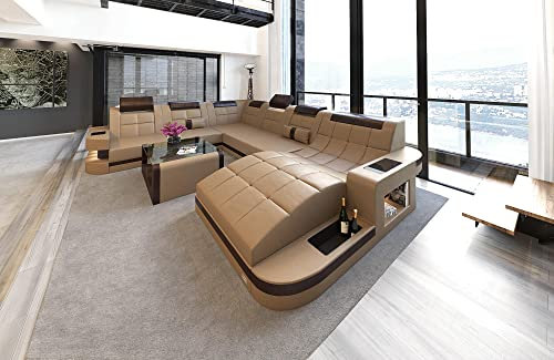 Wohnlandschaft Wave XXL Sofa U Form in Leder - mit LED Beleuchtung, verstellbare Kopfstützen, Recamiere/Lederfarben wählbar/Ausrichtung wählbar (Ottomane rechts, Sandbeige-Dunkelbraun)
