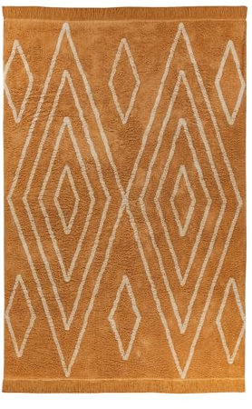 Qiyano Alena Boho Teppich Ocker Gelb Creme 120 x 170 cm, Flauschiger Hochflor Teppich aus Baumwolle, Wohnzimmer & Schlafzimmer, Strapazierfähig, Florhöhe ca. 15 mm