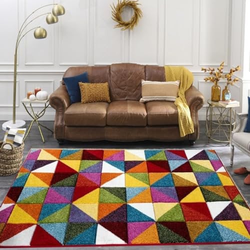 Hand Carved Multi Colour large Area Rug Hallway Geometric Design Rainbow Coloured Rugs Runner Floor Mat Door Mats (Geometric Triangle, 60 x 110 cm)