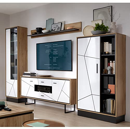 Lomadox Wohnwand Schrankwand TV Möbel Mediawand Wohnzimmer modern in Catania Eiche Nb. mit schwarz und weiß Hochglanz, B/H/T: ca. 339,5/208,5/40 cm