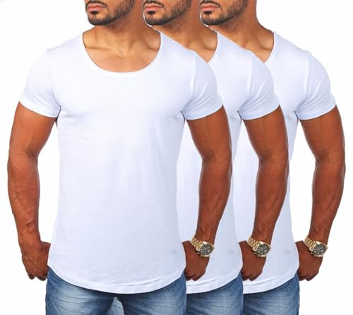 Young & Rich Herren Uni T-Shirt mit tiefem Rundhals Ausschnitt einfarbig körperbetontes Basic Tee Vintage Look 1702