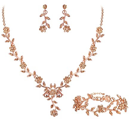 Clearine Women's Wedding Jewellery Set for Party Prom Leaf Cluster Flower Crystal Pendant Necklace Dangle Earrings Link Bracelet for Bridal Brides Bridesmaid Champagne Rose Gold-Tone