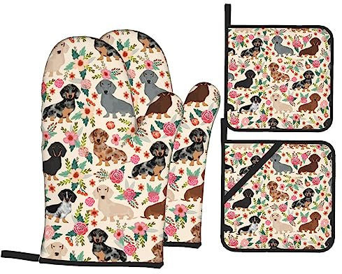 Ofenhandschuhe und Topflappen, Dackel-Blumenmuster, Set mit 4 hitzebeständigen Küchenhandschuhen und heißen Pads für Küche, Kochen, Backen, Grillen