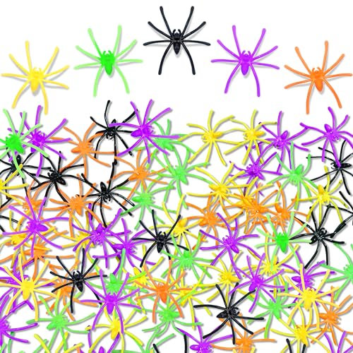 obqo 100 Halloween Spinnen Deko Bunt Kunststoff | 5 Farben Spinnen Deko für Halloween Realistische Gruselige Spinnen Tisch Deko Mehrfarbige für Halloween Party Dekorations