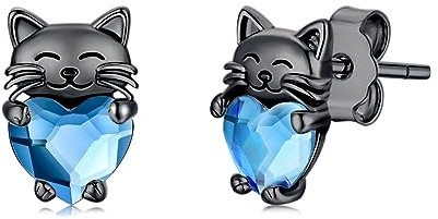 Katzen Ohrringe Mädchen 925 Silber Schwarze Katze Ohrstecker Hypoallergen Blau Kristall Stecker Katzen Schmuck Tier Geschenke für Kinder Damen……
