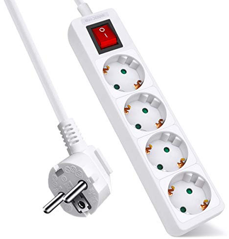 EXTRASTAR Regleta con 4 Enchufes e Interruptor, Cable 1.5M, 4 Tomas Regleta para el hogar, Oficina y Viajes, MAX 3680W, 16A, 250V, Blanco, 1pc