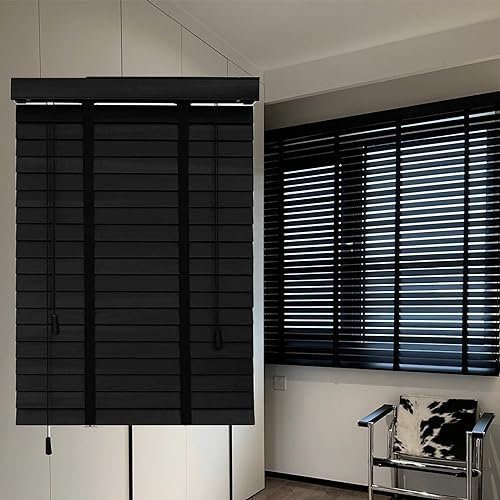 DZHTUF Schwarze Holzjalousien,horizontale Jalousette 60×120cm 120x150cm 160×180cm,Jalousie Holz für Zuhause,50mm Lamellen,Verdunkelungs Fensterjalousie,W×H-80x140cm/32x55in