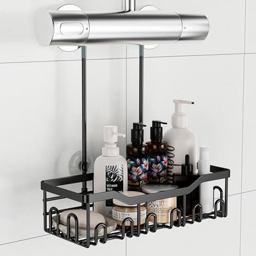 JOLY FANG Panier Douche à Suspendre sans Percage, Etagere Douche a Suspendre Shampoing Douche Porte Gel Douche Salle De Bain (Noir)