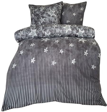 Leonado Vicenti - Winter Bettwäsche Sterne Grau Galaxy Thermofleece gestreift modern Schlafzimmer Garnitur Set Bezug Decke 135x200 / 155x220 / 200x200 / 200x220 / 240x220