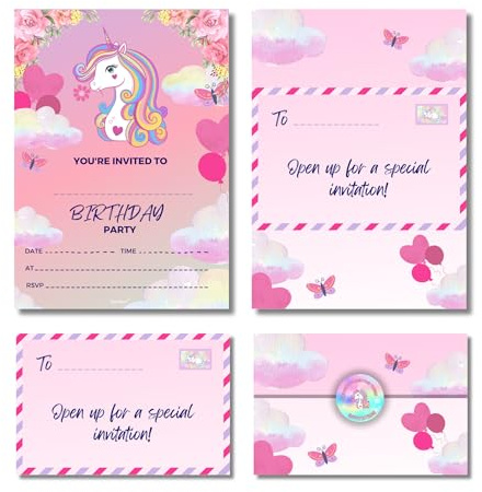Cardlyst Kids Unicorn Birthday Invitations Folding Envelope Design Pack of 24