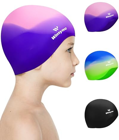 Winsyne 3 Stück Badekappe Kinder Jungen Mädchen, Unisex Schwimmkappe Silikon für Kleinkinder von 3–15 Jahren, wasserdichte Bademütze für Kurzes/Langes Haar um das Haar Trocken zu Halten