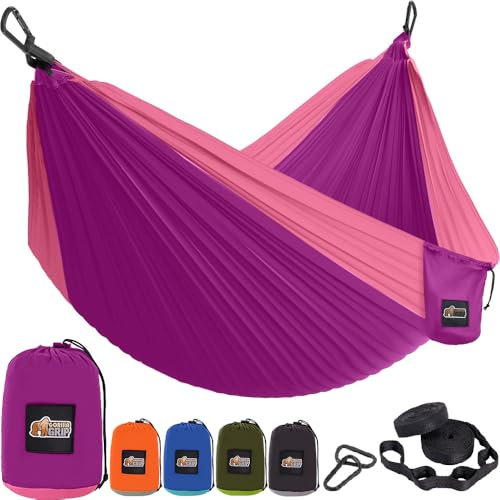 GORILLA GRIP Durable Portable Camping Hammock, Holds 400lbs with Heavy Duty Tree Straps, Comfortable Travel Swing, Camp Hammocks, Easy to Use and Install, Outdoor Essentials, Purple, 10x6.5 FT