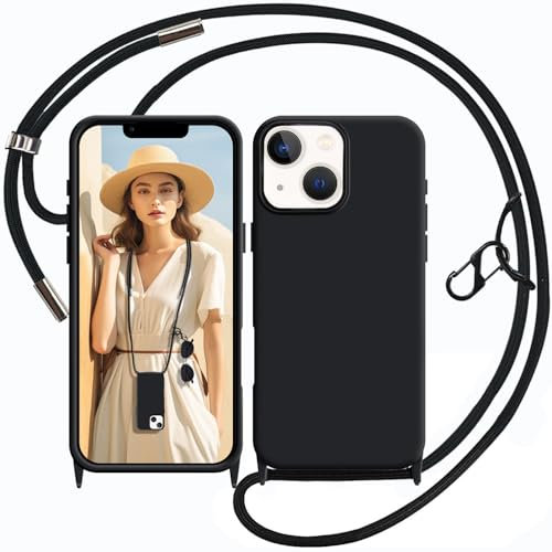UnnFiko Handykette kompatibel mit iPhone 14 Hülle mit Band,Silikon Handyhülle mit Verstellbarer Kette zum Umhängen,Schwarz