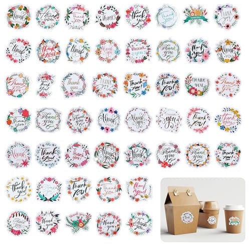Andibro Thank You Sticker,50 Stück Dankeschön Etiketten Aufkleber 5-8cm Rundes Floral Selbstklebend Wasserdicht Vielen Dank Aufkleber für kleine Unternehmen Hohzeit Party Geschenktüten
