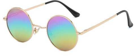 WDZAYXC Retro Classic Runde polarisierte Sonnenbrille mit Metallrahmen für Herren und Damen(Gold/Regenbogen)