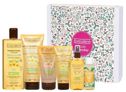 EVOLUDERM - Coffret Cadeau Bain Femme - Soins Corps & Cheveux Monoï de Tahiti - 6 Produits - Végan - Idée Cadeau - Coffret Cadeau de Noël – Anniversaire - Fête des Mères (Cocooning)