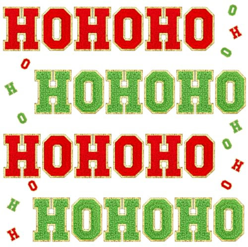 Knitgrip 24 Pcs Self Adhesive Ho Ho Ho Christmas Patches Chenille Letter Iron on Patches Glitter Red Green Christmas Sew on Patches Embroidered Applique Patch for DIY Cloth Christmas Crafts, 2.1 Inch