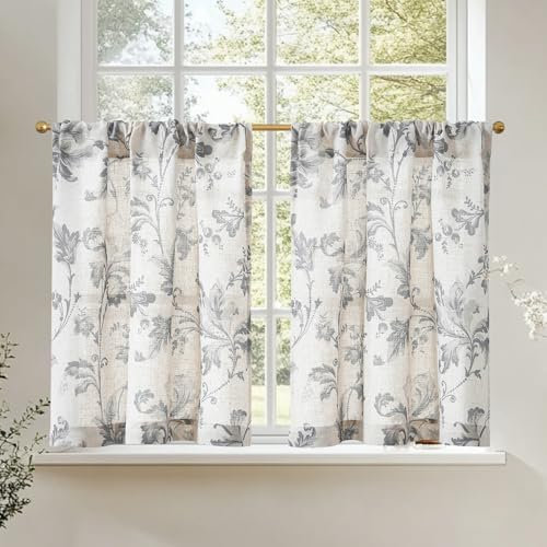 TOPICK Schiebevorhänge Leinen Küchengardinen 90 cm Vintage Floral Tier Fenstergardinen Bauernhaus Cafe Fenster Vorhänge Lichtfilterung Kurzstores für Waschraum Badezimmer 2 Panels Grau