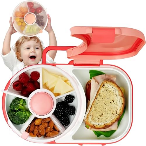Bewinner Kinder Snackbox mit Fächern und Deckel, Multifunktionale Baby Snack Spinner mit Tragbarem Box Set, Sicher Versiegelter Snackteller für Kleinkinder, Zuhause (Rosa)