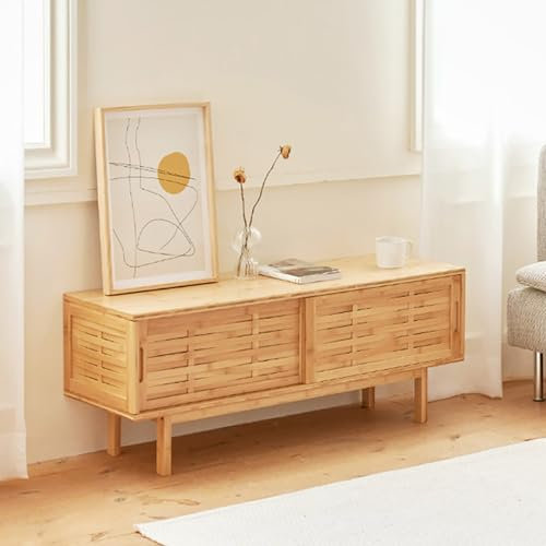 DEOPXF Mueble de TV de bambú con Puertas corredizas, Mesa Consola de TV Moderna de 100 cm, Mueble de TV, Centro de Entretenimiento para Sala de Estar, Dormitorio, Natural